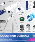 High Powered 90mm Aperture 550mm Focal Portable Refractor Telescope diagram with tripod, phone adapter, moon filter, accessories