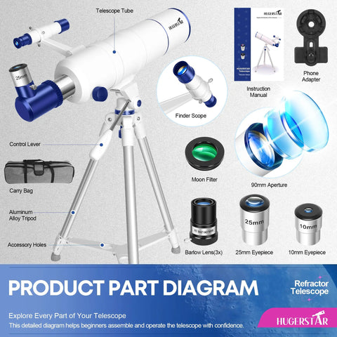 High Powered 90mm Aperture 550mm Focal Portable Refractor Telescope diagram with tripod, phone adapter, moon filter, accessories