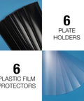 Set of six black aluminum wall mount name plate holders and six non-glare film protectors on blue background