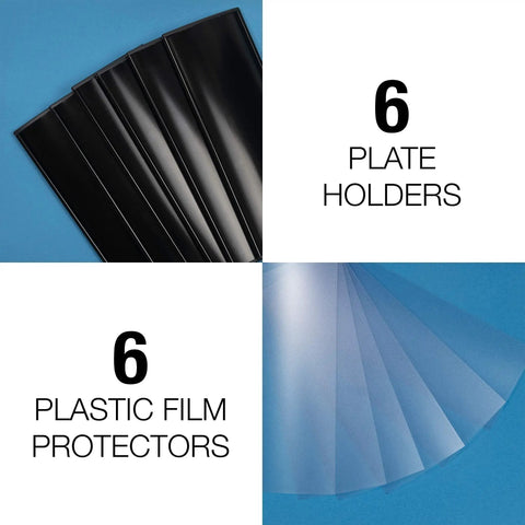 Set of six black aluminum wall mount name plate holders and six non-glare film protectors on blue background
