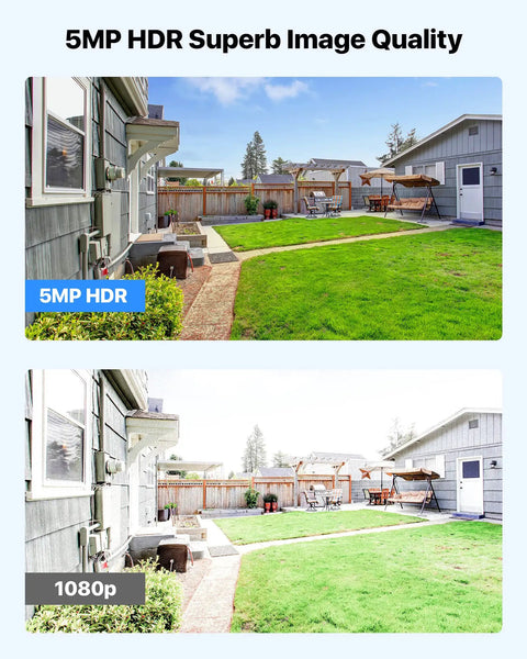 Rock Solid 5MP PoE Outdoor Security Cameras With Slick AI Person And Vehicle Detection Built Hella Tough For Extreme Weather Featuring Quick Ethernet Hookup And Seriously Crisp Video comparison of 5MP HDR and 1080p security video quality in a backyard.