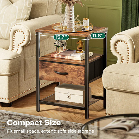 Two Pack Nightstand Set With Fabric Drawers And Mesh Shelf, Open Storage, And Sturdy Metal Frame In Rustic Brown