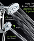 High Pressure Shower Head Combo With Handheld And Rain Head showing dual heads spraying water, chrome finish