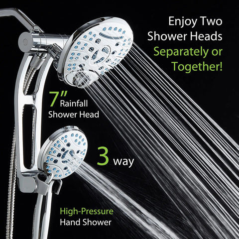 High Pressure Shower Head Combo With Handheld And Rain Head showing dual heads spraying water, chrome finish