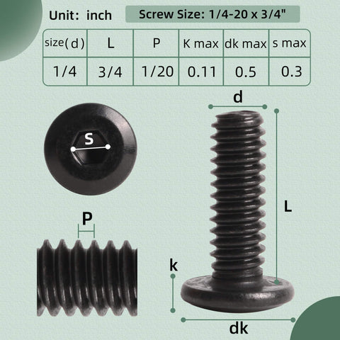 Beefy Flat Head Hex Socket Cap Screws 1/4-20 x 3/4 Inch Full Thread Bolts Black Oxide Stainless 304 18-8 details