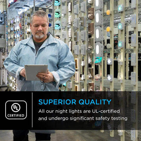 Technician inspecting LED Night Light Plug In With Dusk To Dawn Sensor Warm White Glow UL Certified Energy Efficient Nightlight.