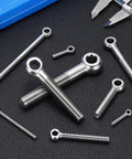 Heavy Duty Swivel Lifting Eye Bolts, Built Tough M6 X 25mm 304 Stainless Steel Rigging Hardware, assorted sizes laid out on black surface.
