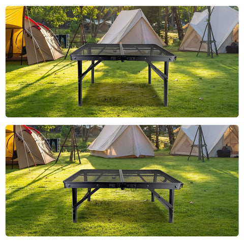 Foldable Camping Table With Adjustable Height set at different levels on a grassy campsite with tents, showcasing metal frame and compact design.