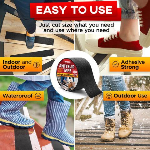 Collage of Heavy Duty Anti Slip Tape For Stairs Indoor Outdoor Waterproof 4 Inch By 35 Ft Non Skid Adhesive Roll and uses.