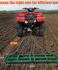 Heavy Duty Lawn Leveler Rake With 72 Inch By 10 Inch Size And 180 Degree Rotating Long Handle attached to red ATV on field
