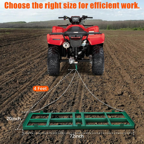 4 Ft Drag Harrow Driveway Grader Heavy Duty Power Rake Tow Behind Lawn Rake For ATV UTV Tractor And Mower Leveler For Gravel Sand Soil Hay Built With Durable Powder Coated Steel Construction attached to ATV on dirt field