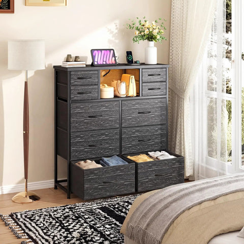 Modern Black Dresser For Bedroom With Built In Charging Station And Bright Led Lights Ten Drawer Storage Cabinet in home setting