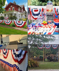 3x6 Ft Pleated All American Flag Bunting for outdoor patriotic decor with brass grommets on house, table, and porch settings.