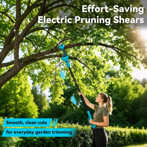 Person using Four In One Pole Saw And Electric Pruning Shears For Tree Trimming With A Six Inch Mini Chainsaw Cordless Pruning Tool
