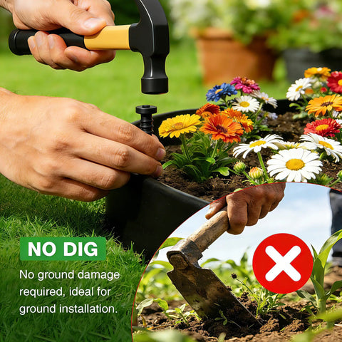 Person installing No Dig Landscape Edging Kit With 3 Rolls 33 Feet Each And 150 Spikes near a flower bed, non-dig method shown.