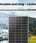 Split landscape showcasing snowy winter and sunny summer with a solar panel emphasizing durability and longevity.