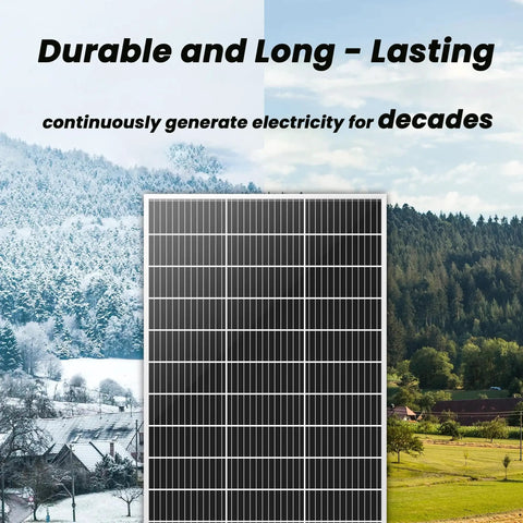 Split landscape showcasing snowy winter and sunny summer with a solar panel emphasizing durability and longevity.