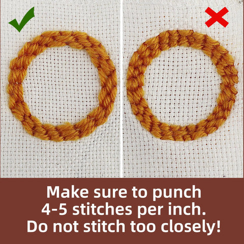 Demonstration of correct and incorrect stitch spacing for Punch Needle Coaster Kit For Beginners And Adults With Patterns Tools Yarns Hoop Adhesives