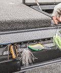 Magnetic Fishing Lure And Tool Organizer With Patented Design on boat, holding lures securely with heavy duty neodymium magnets.