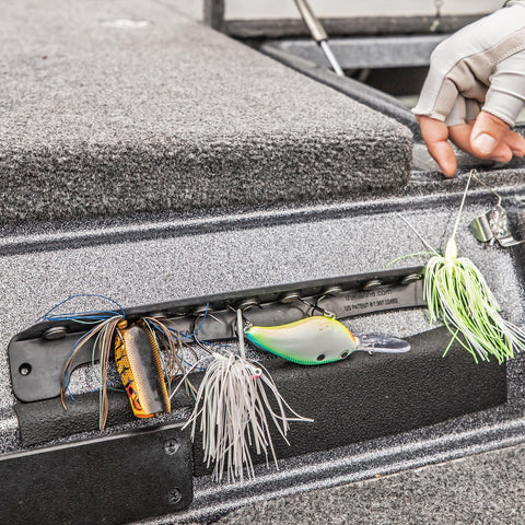 Magnetic Fishing Lure And Tool Organizer With Patented Design on boat, holding lures securely with heavy duty neodymium magnets.