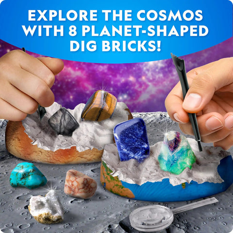 Hands excavating Space Gemstone Dig Kit For Kids With 8 Planet Shaped Bricks And 16 Real Gem And Mineral Specimens on lunar surface.