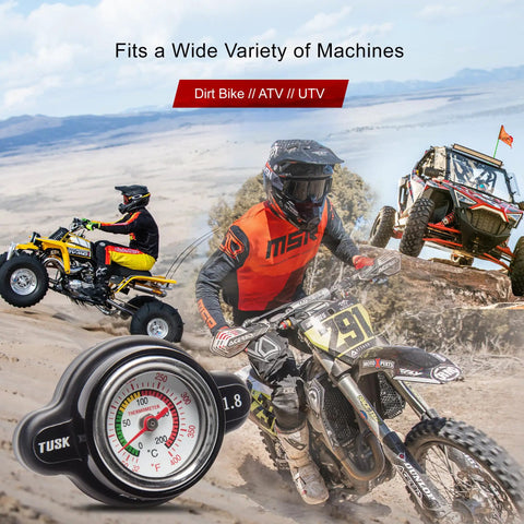 Beefed Up High Pressure Radiator Cap With Temperature Gauge 1.8 Bar for motorcycles and sport bikes, shown in an off-road setting.