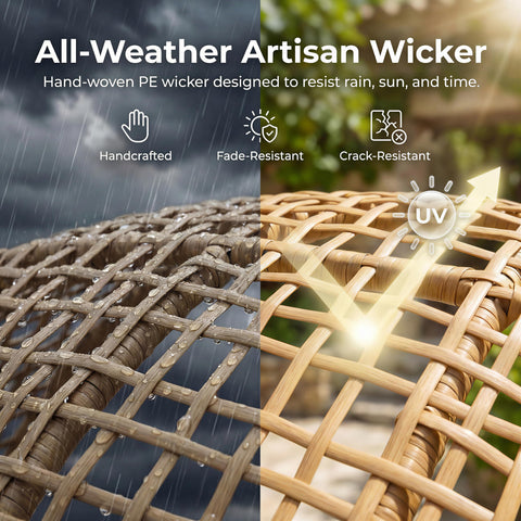 Close-up of all-weather artisan wicker showing rain and UV resistance on an oversized double egg chair for indoor and outdoor use.