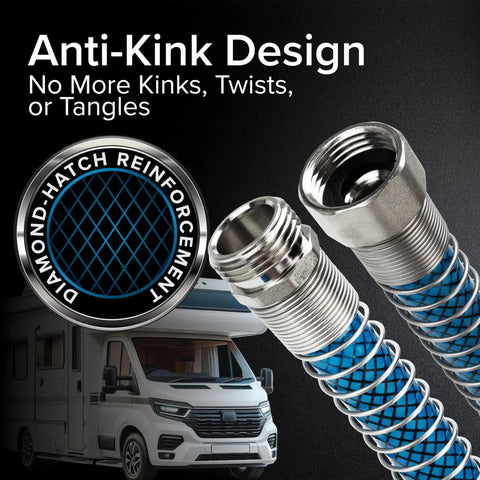 TastePURE 4-Foot Premium Camper RV Drinking Water Hose with diamond-hatch no-kink design displayed over an RV image.