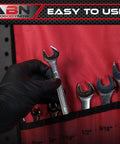 Hand selecting a wrench from Raised Panel 16-Piece Combination Wrench Set SAE Standard 1/4 In to 1-1/4 In in red organizer