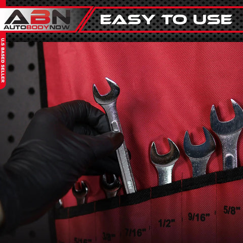 Hand selecting a wrench from Raised Panel 16-Piece Combination Wrench Set SAE Standard 1/4 In to 1-1/4 In in red organizer
