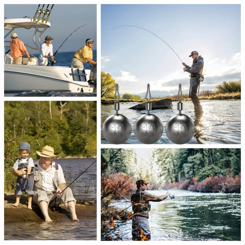 Forty Piece Round Fishing Weights Set Ball Sinkers With Barrel Swivels For Saltwater And Freshwater Casting Drop Shot Catfishing Three Eighth Ounce Ten Gram Lead Weights Built Tough For Real World Fishing, lead sinkers shown with anglers