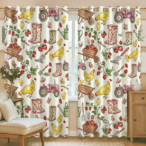 Farmhouse Style Light Filtering Curtains For Living Room And Kitchen, Rustic Strawberry Green Window Panels, 42x63 Inches