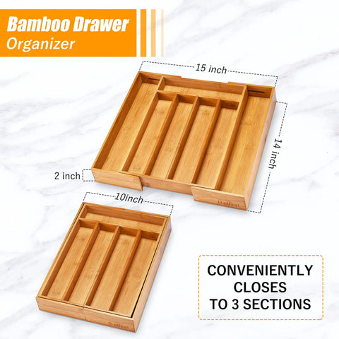 Sleek Expandable Bamboo Drawer Organizer For Kitchen Flatware Holder With Hassle Free Adjustable Compartments Cutlery Tray with dimensions