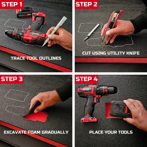4-step process using Tool Box Foam Inserts 4 Pack With Two 16x12x2 In And Two 16x12x1 In Cushioned Case Liners Tool Shadow Organizer Sheets For Hard Cases Kaizen Style Storage Foam Black With Red to trace, cut, and fit tools in foam.