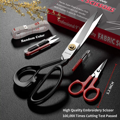 9 Inch Heavy Duty Fabric Scissors For Tailors And Crafters Ultra Sharp Titanium Coated Blades Multipurpose Dressmaker Shears For Cutting Fabric Leather Denim And Heavy Duty Sewing Projects A True Workhorse For Quilting And Crafting, 5.2-inch detail scissors and tape measure