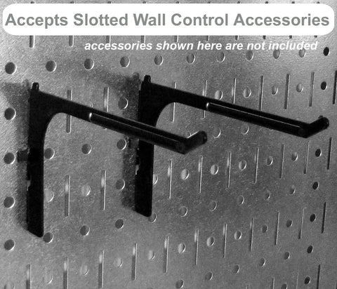 Pegboard 16in By 32in Horizontal Black Metal Tool Board Panel For Garage And Workshop with black hooks attached