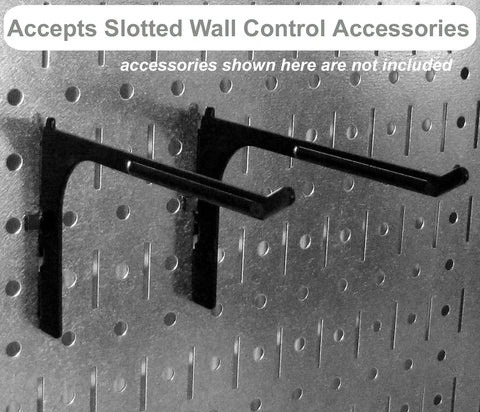 Heavy Duty Metal Pegboard Set Two Panels 32 Inch Tall By 16 Inch Wide Black For Garage Gear Organization showing slotted hooks