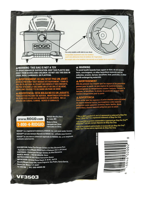 Back packaging of Top Notch Efficiency Dry Vacuum Dust Bags For 6 To 9 Gallon Wet Dry Vacuums with instructions and warnings.