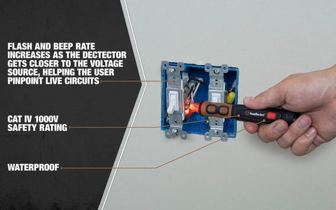 Advanced Dual Range Non Contact Voltage Tester With Visual And Audible Alerts, IP67 Waterproof Housing in use detecting voltage