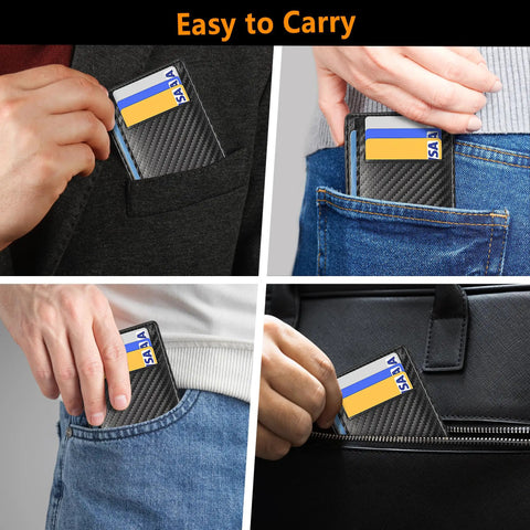 Front Pocket Minimalist Leather Wallet With RFID Blocking Carbon Fiber Texture Ultra Slim 0.12 Inch Thick Black Card Holder in use