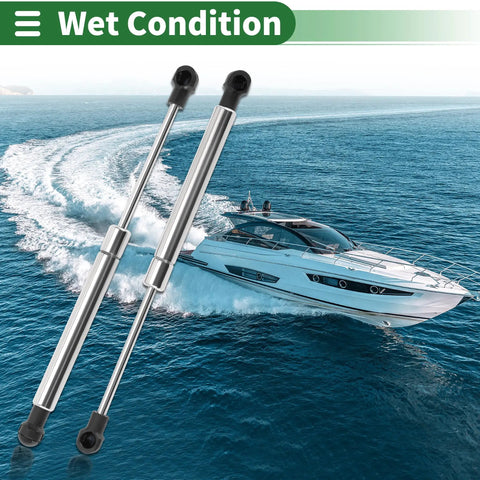 10 Inch Stainless Steel Hydraulic Gas Spring Struts next to a boat, suitable for wet conditions and heavy hatch supports.