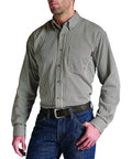 Man wearing Men's Flame Resistant Western Style Button Down Work Shirt Long Sleeve Cotton Nylon Durable Comfort For Construction Trades.