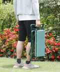 Man holding folding garden kneeler bench knee saver with heavy duty build and EVA foam pad, lightweight and portable