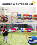 All In One Dog Agility Training Set 12 Piece Obstacle Course with adjustable hurdles and tunnels, indoor carpet and outdoor grass setup.