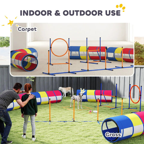 All In One Dog Agility Training Set 12 Piece Obstacle Course with adjustable hurdles and tunnels, indoor carpet and outdoor grass setup.