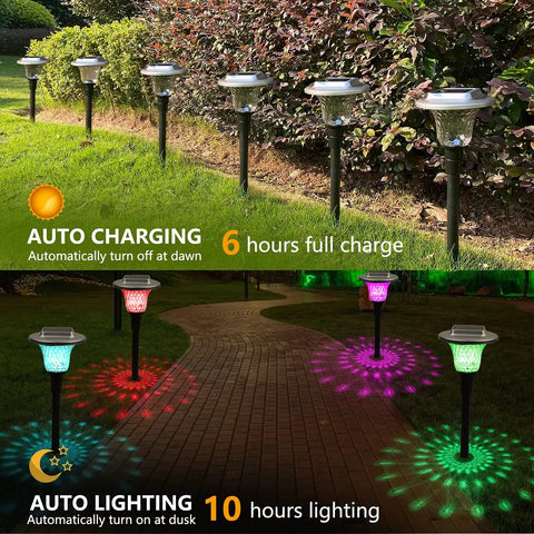 Outdoor Solar Lights For Garden And Pathway Set Of 6, Auto RGB Color Changing And Warm White Glass Landscape Lighting, showing charging and lighting features