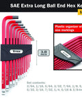 Extra Long Arm Ball End SAE Hex Key Set 13 Piece With S2 Steel Satin Plated Finish, shown with 9-inch length and size markings