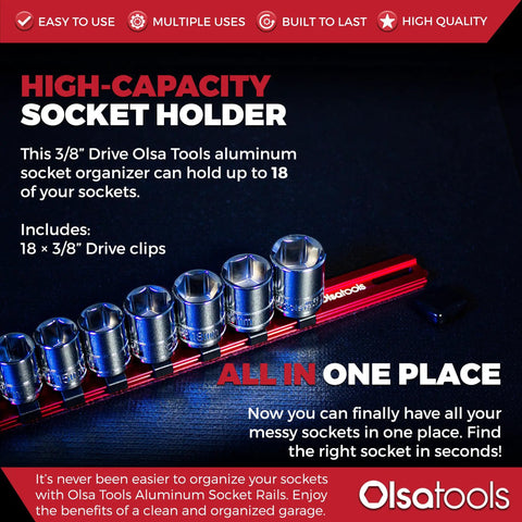 Three Eighth Inch Drive Socket Organizer Red Holder Built To Last Holds Eighteen Sockets Chrome Or Impact With Heavy Duty Rails For Mechanics Professional Grade Metric Or SAE Socket Organizer