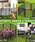 No-Dig Gate-Equipped Decorative Garden Fence Kit For Pets, 10 Panels, 31-Inch High By 21.7-Foot Long installed in garden, yard, RV setup, and around flower bed.
