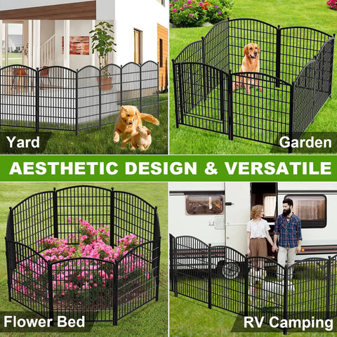 No-Dig Gate-Equipped Decorative Garden Fence Kit For Pets, 10 Panels, 31-Inch High By 21.7-Foot Long installed in garden, yard, RV setup, and around flower bed.
